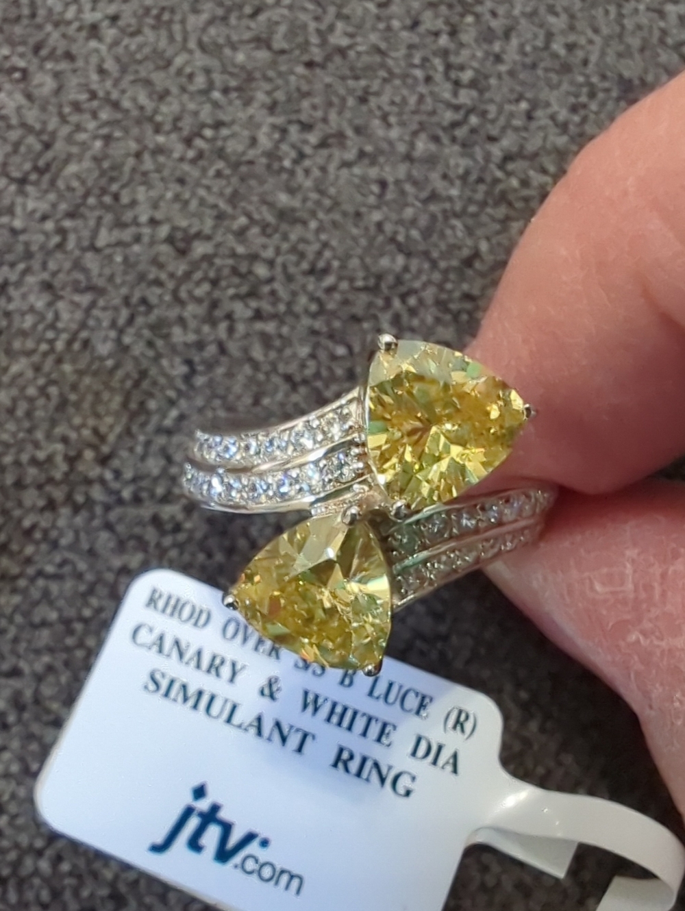 JTV Yellow Teardrop Double Simulant Diamond Ring with White Accents